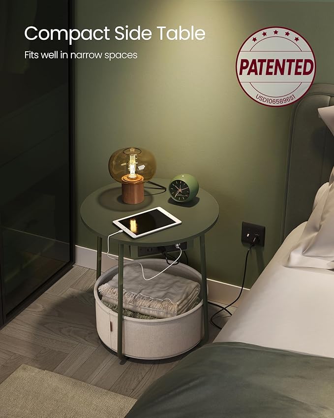 VASAGLE Side Table with Charging Station, Round End Table with Fabric Basket, Nightstand with Power Outlets, USB Ports, for Living Room, Bedroom, Modern, Forest Green and Cream White ULET228C04