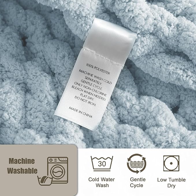 Chunky Knit Throw Blanket 50"X 60", 100% Handmade with Soft Chenille Yarn, 4.4lbs Thick Cable Knitted Blankets, Large Rope Knot Crochet Throws for Couch Sofa Bed Home Decor, Baby Blue