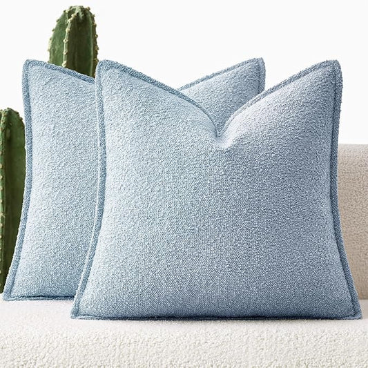 MIULEE Pack of 2 Decorative Textured Boucle Throw Pillow Covers 18x18 Inch Light Blue Broadside Thick Coastal Boho Pillows for Farmhouse Accents Sofa Couch Bedroom Living Room Home Decor
