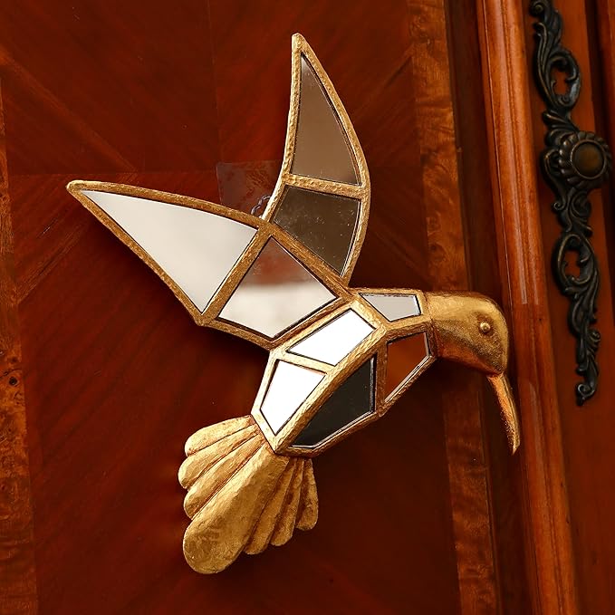 Vintage Wall Sculpture Animals Gold Bird Mirrors - Gold Resin Hummingbird and Glass Wall Decor, Perfect for Victorian and European Themed Homes
