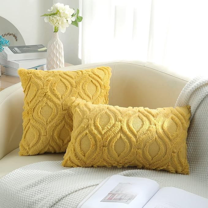 decorUhome Throw Pillow Covers 24x24 Inch Set of 2, Soft Plush Decorative Faux Fur Mustard Yellow Solid Couch Pillow Covers, Accent Farmhouse Neutral Square Euro Pillow Cases for Sofa Bed Living Room