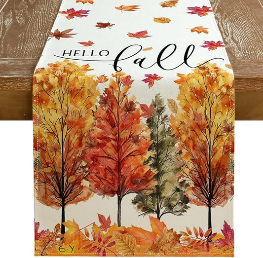 GEEORY Fall Watercolor Trees & Maple Leaves Table Runner 13x72 Inch, Rustic Farmhouse Autumn Thanksgiving Decor for Kitchen, Dining, Indoor/Outdoor Holiday Dinner Party Orange Red GT160-72