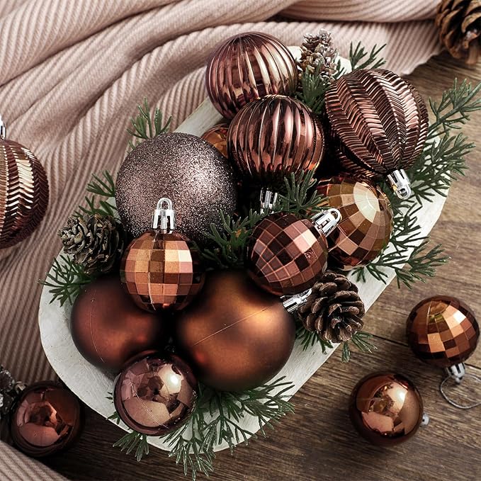 64 Pcs Brown Christmas Ball Ornaments Glitter Matte Brown Xmas Bulbs Ornaments 1.6/1.97/2.4 Inch Neutral Rustic Xmas Baubles Assorted Size Modern Christmas Decoration for Tree Home Indoor Decor