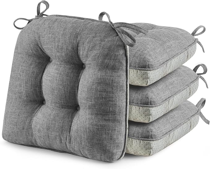 puredown® Chair Cushions for Dining Chairs, Tufted Memory Foam Chair Pads with Non-Slip Backing, Kitchen Seat Cushions with Ties, Washable Seat Pad Set of 4, 15.5" x 15.5" x 4", Dark Grey