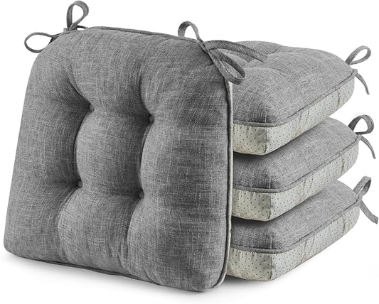puredown® Chair Cushions for Dining Chairs, Tufted Memory Foam Chair Pads with Non-Slip Backing, Kitchen Seat Cushions with Ties, Washable Seat Pad Set of 4, 15.5" x 15.5" x 4", Dark Grey