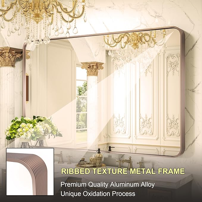 55 x 36 Inch Metal Framed Bathroom Mirror for Wall, Purple Gold Bathroom Vanity Mirror with Ribbed Texture Frame Modern Minimalist Large Rectangle Wall Mounted Mirror (Horizontal/Vertical)