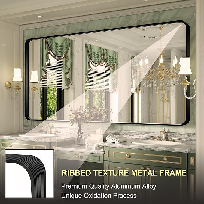 60 x 30 Inch Black Framed Mirror for Bathroom, Matte Black Bathroom Mirror for Over Sink Rectangle Large Vanity Mirror with Ribbed Texture Metal Frame for Home Decor (Horizontal/Vertical)