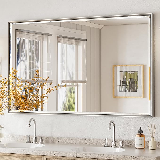 60'' x 36'' Large Beveled Silver Bathroom Vanity Mirror, Shatterproof Rectangle Silver Metal Framed Mirror for Bathroom Wall, Anti-Rust Wall-Mounted Mirror
