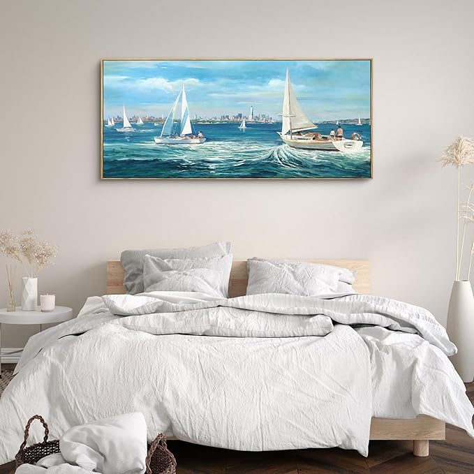 XLSJERST Large Blue Canvas Wall Art Seascape Painting - Landscape Picture Textured Navy Modern Sailboat Ocean Artwork Framed for Living Room Bedroom Bathroom Home Office Wall Decor Large Size 70"x31"