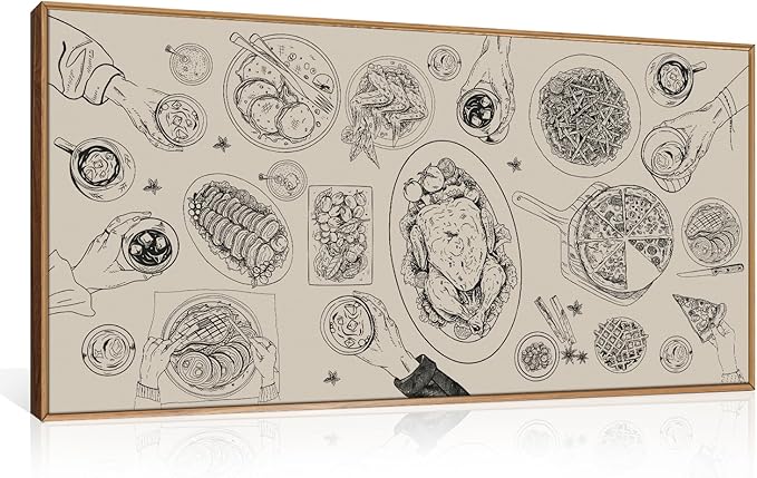 Vintage Food and Drink Framed Canvas Wall Art Set,Retro Sketch Pizza Cheers Wall Decor,Thanksgiving Dinner Turkey Artwork,Black and white Art Prints for Kitchen,Dining Room,Gatherings Decor-20"x40"