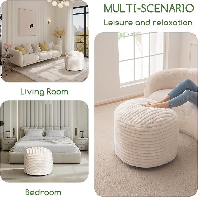 HIGOGOGO Round Stuffed Pouf Ottoman, Stripe Faux Fur Poufs with Foam Chunk Filling, Furry and Fluffy Pouf Foot Stool Storage Ottoman, 20 X 15 Floor Poufs Foot Rest for Living Room, Beige