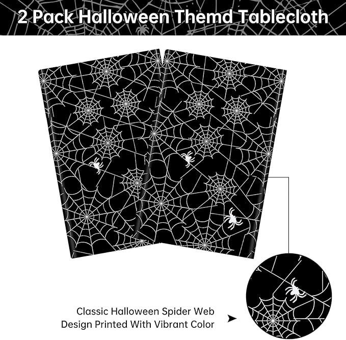 2 Pcs Halloween Tablecloth - Plastic Halloweens Spider Webs Table Cloth, Black Disposable Rectangle Spiderweb Table Cover for Halloween Party Decorations Supplies Favors Tables Decor, 108 x 54 Inch
