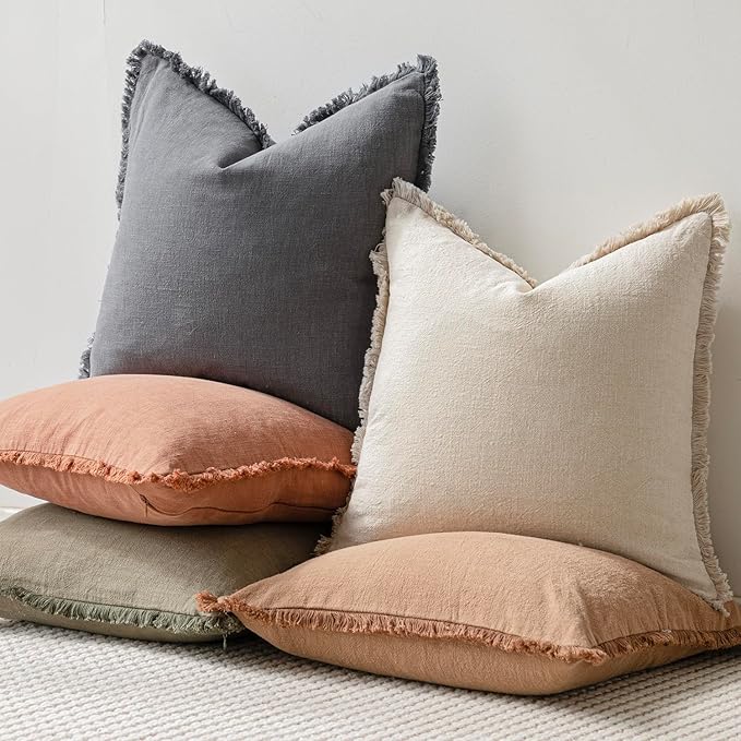 Foindtower Decorative Linen Fringe Throw Pillow Covers Cozy Boho Farmhouse Cushion Cover with Tassels Soft Accent Pillowcase for Chair Sofa Bed Living Room Home Decor, 24×24 Inch, 1PC, Gray