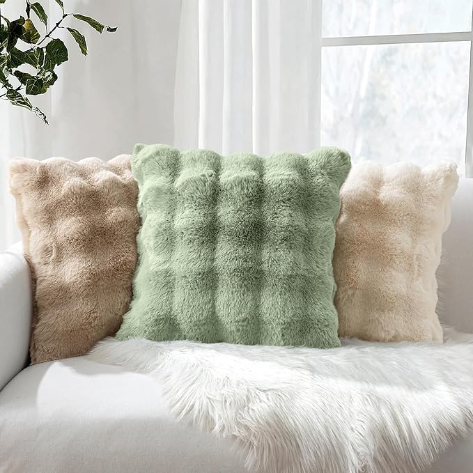 MIULEE Pack of 2 Decorative Pillow Covers Thick Soft Plush Faux Fur Throw Pillows Luxury Home Decor for Couch Bedroom Living Room Sofa,18x18 Inch Sage Green