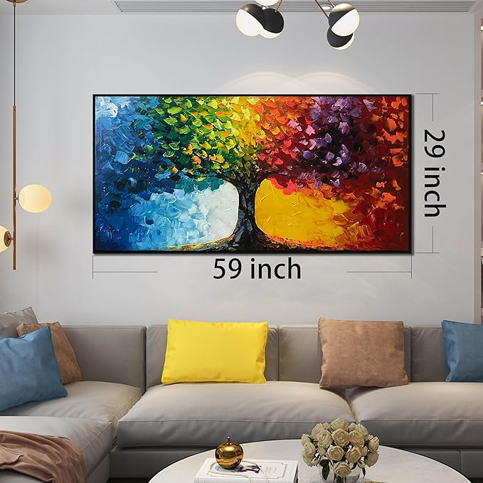 Hand Painted Colorful Tree Painting for Living Room - Bedroom Signs Wall Decor Above Bed - Large Framed Wall Art Size 29" x 59"