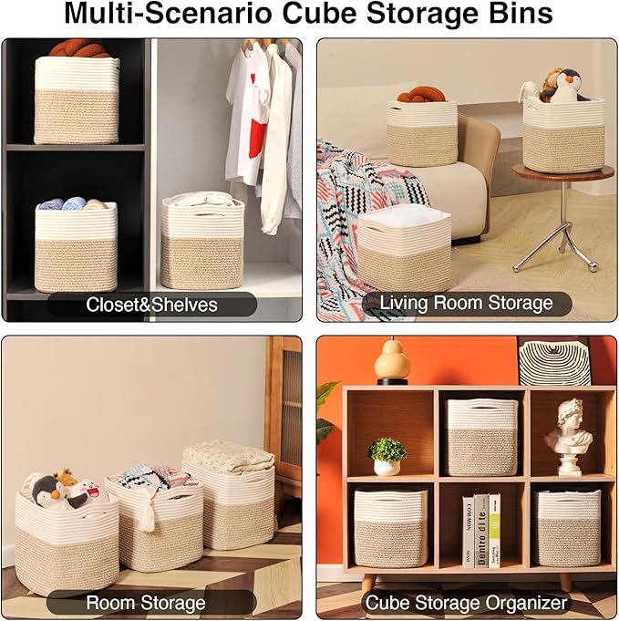 11 Inch Cube Storage Bins, Organizer Woven Cotton Rope Square Baskets for Organizing Shelves, Toys, Nursery, Off White & Brown (Pack of 3)