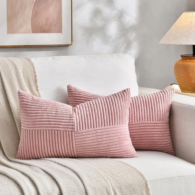 Fancy Homi 2 Packs Blush Pink Lumbar Decorative Throw Pillow Covers 14x24 Inch for Couch Bed, Rustic Farmhouse Boho Home Decor, Soft Striped Corduroy Rectangle Accent Cushion Case 35x60 cm
