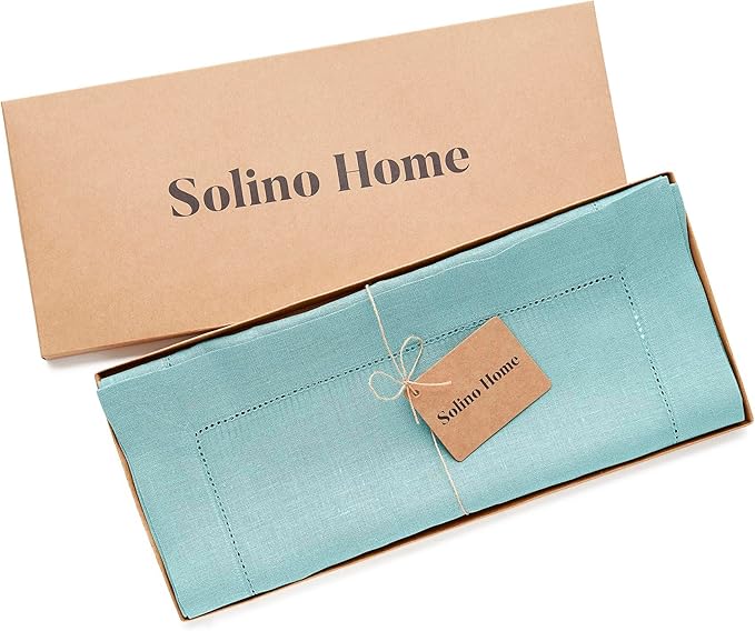 Solino Home Linen Aqua Blue Table Runner 132 Inches Long - 100% Pure Linen Extra Long Table Runner 14 x 132 Inch - Classic Hemstitch