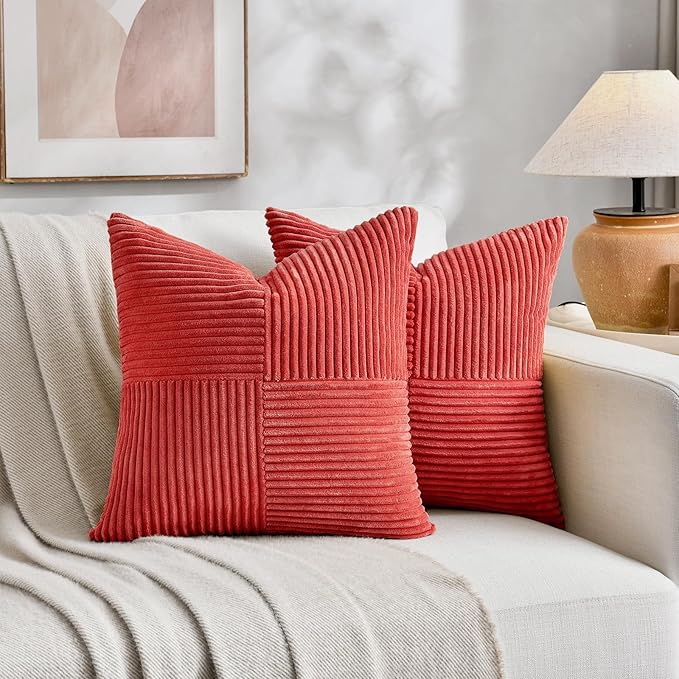 Fancy Homi 2 Packs Red Decorative Throw Pillow Covers 18x18 Inch for Living Room Couch Bed Sofa, Rustic Boho Farmhouse Home Decor, Soft Corss Corduroy Patchwork Textured Square Cushion Case 45x45 cm