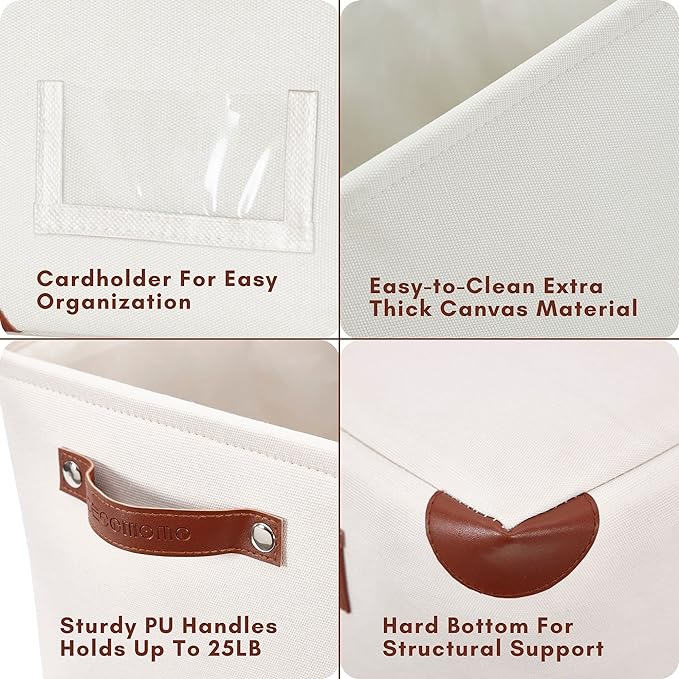 DECOMOMO White Storage Bins Fabric Storage Baskets for Shelves & Linen Closet Organization (Creamy White W/Label holder, Large - 3 Pack)