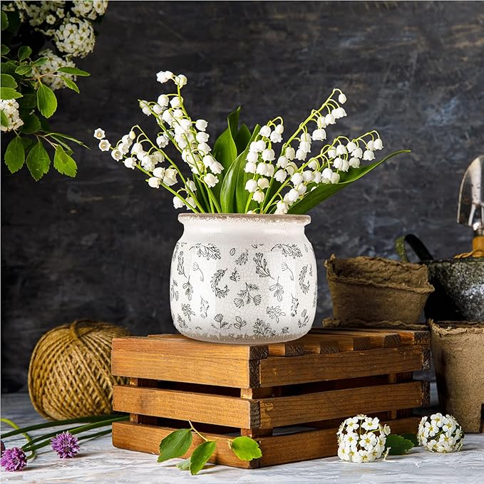 Vintage Planter Large Ceramic Plants Pot Green Leaves Crack Cottage Scroll Vase Flower Vase Pot Indoor Plants Home Kitchen Decor Farmhouse Antique Decorative Gift