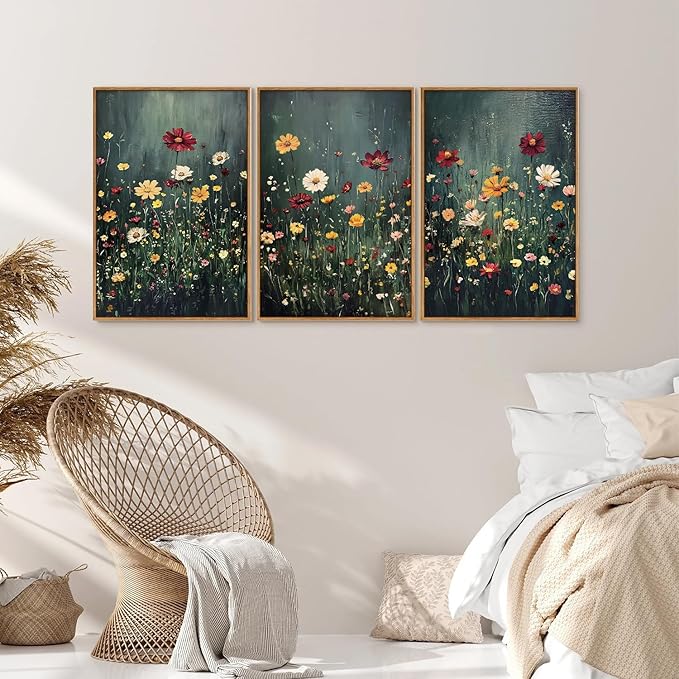 SIGNINART Vintage Floral Framed Canvas Wall Art, Dark Moody Wildflowers Wall Decor, Boho Abstract Flowers Artwork, Colorful Botanical Aestheticrt Art Paintings for Bedroom Living Room Office 16"x24"x3