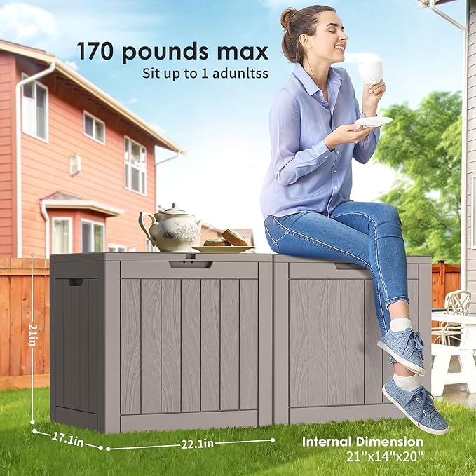Vixzen 30 Gallon Resin Deck Box - Lockable Outdoor Storage for Patio Cushions, Garden Tools, Pool Supplies，Grey