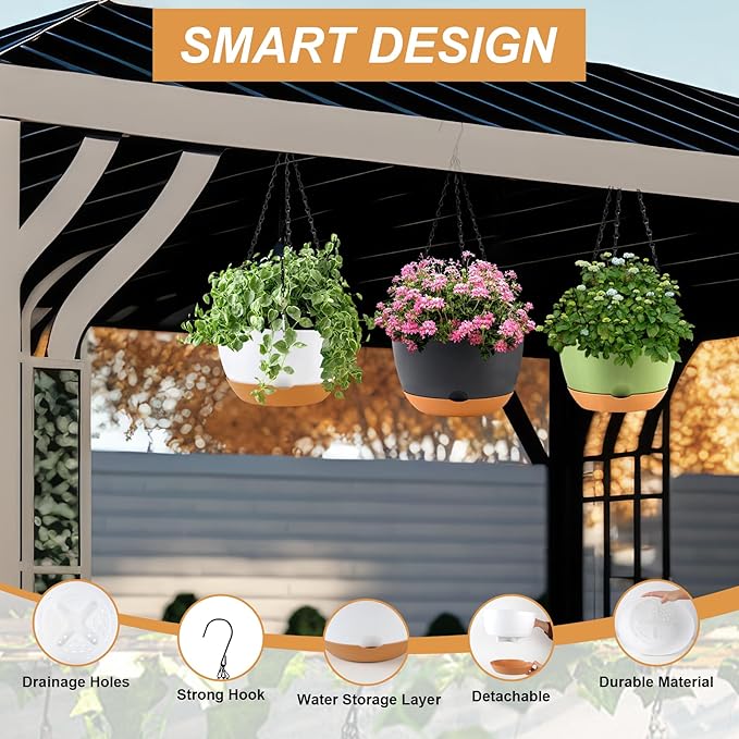 4 Pack Plastic Hanging planters for Indoor Plants,8 Inch Plant Pot Indoor Outdoor Hanging Baskets,Hanging Flower Pots with Drainage Holes and Chain for Garden Porch Plants (Green)