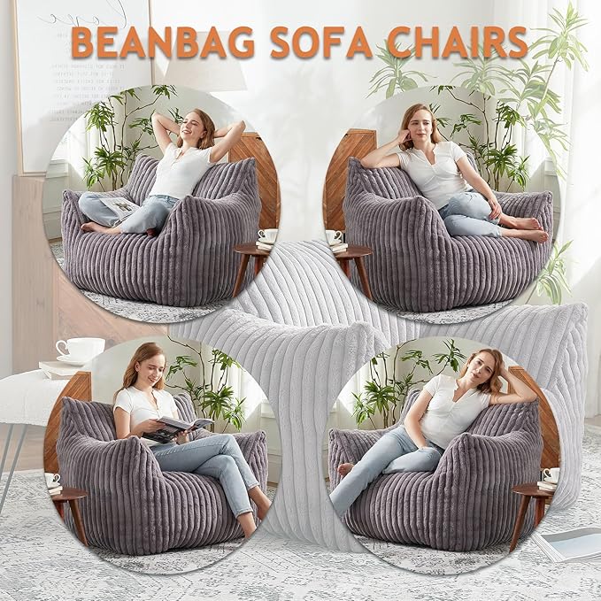 Giant Bean Bag Chairs for Adults with Filling Plush Fluffy Bean Bag Chairs for Teens with Armrests Comfy BeanBag Lazy Couch Sofa Chair for Bedroom Living Room Reading