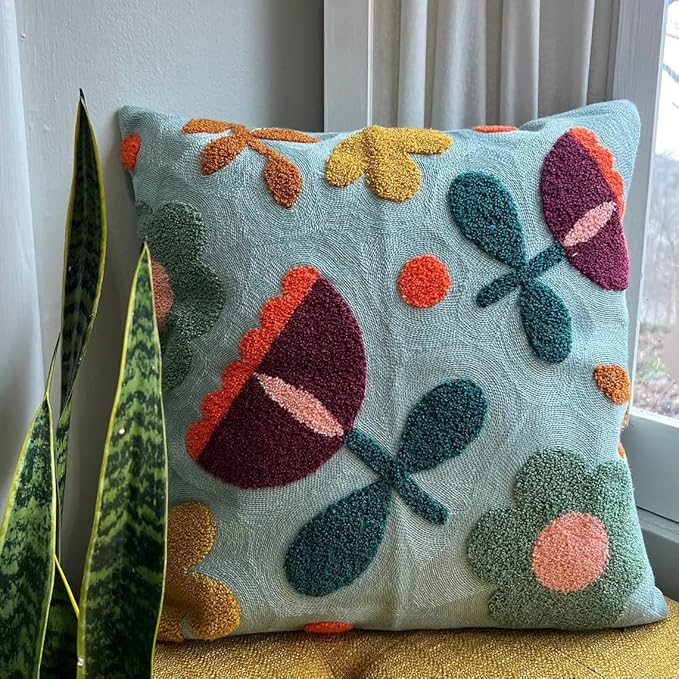 MOCOFO Canvas Embroidered Throw Pillow Cover with Flower Spring Embroidery Craft Modern Simple Sofa Office Pillow Pillow Case (Flower, 18x18’’)