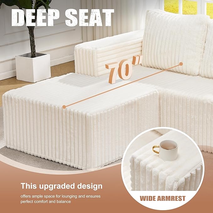 Hobestluk Modular Sectional Sofa Memory Foam Couch Oversized Sectional Sofa 3-Seater with Chaises Cloud Couch with Removable Cover U Shaped Sofa for Living Room (Strip White, U Shape)