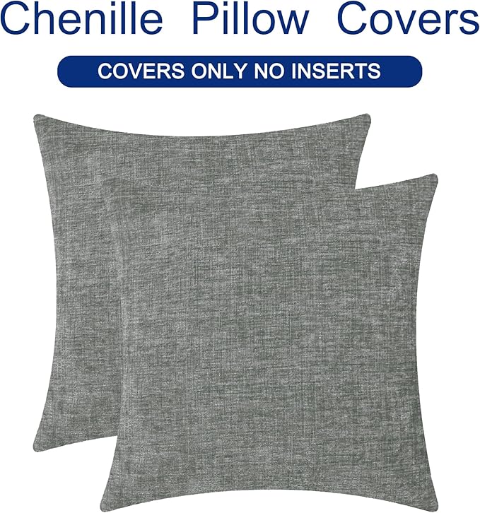 CaliTime Throw Pillow Covers Decorative 22 X 22 Inches Pack of 2 Cozy Chenille Cushion Cases for Couch Sofa Bed Living Room Home Medium Grey