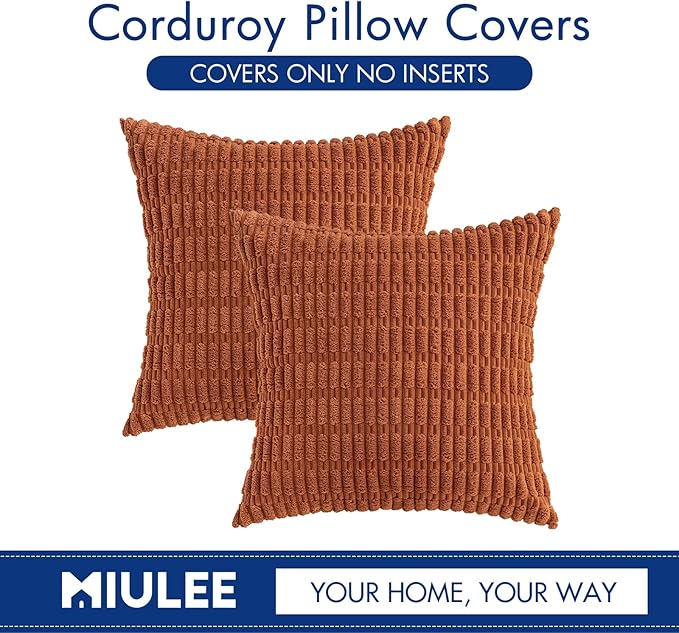 MIULEE Pack of 2 Rust Corduroy Decorative Euro Sham Fall Pillow Covers 26x26 Inch Soft Boho Striped Throw Pillow Covers Modern Farmhouse Home Decor for Summer Sofa Living Room Couch Bed