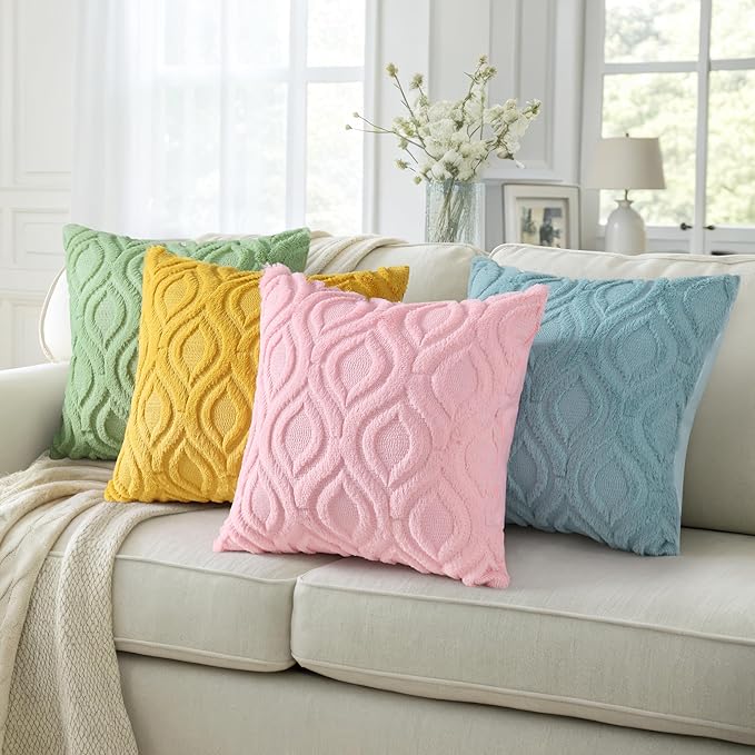 decorUhome Fall Throw Pillow Covers 22x22 Inch Set of 2, Soft Plush Decorative Faux Fur Aqua Solid Couch Pillow Covers, Accent Farmhouse Neutral Square Euro Pillow Cases for Sofa Bed Living Room