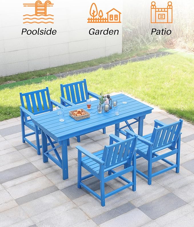 HDPE Outdoor Dining Set of 6, Patio Dining Table Set with 4 Chairs and 1 Bench, 6 Pieces HDPE Dining Set with Umbrella Hole, Outdoor Furniture Sets for Deck, Poolside, Garden, Sky Blue