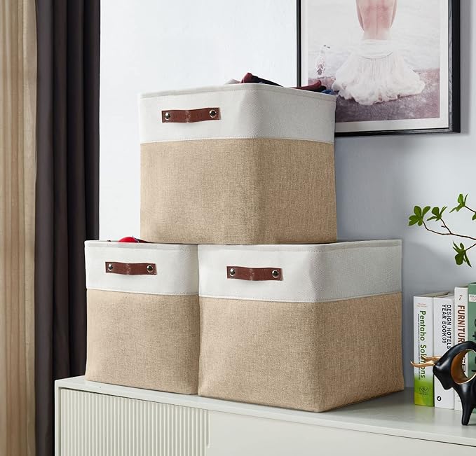 DECOMOMO Storage Cubes, 11x11 Cube Storage Bins, Baskets for Shelves (Beige & White, Cube 11" - 4 Pack)