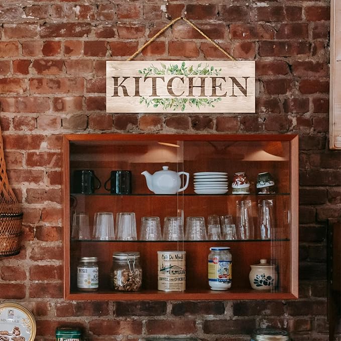 Kitchen Sign Wall Decor, Kitchen Wall Art with Plant Print, Rustic Farmhouse Wall Hanging Plaque Home Kitchen Decorative Kitchen, 4.7 x 13.7 inches