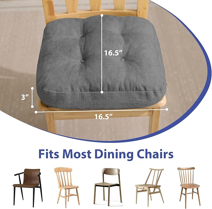 Chair Cushions for Dining Chairs, Dining Chair Cushions, Tufted Indoor Chair Pads with Ties & Non Slip Backing, Seat Cushions for Kitchen Chairs 16.5” x 16.5” x 3.5”, Set of 6, Grey