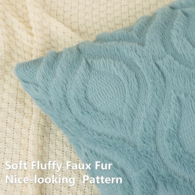 decorUhome Fall Throw Pillow Covers 22x22 Inch Set of 2, Soft Plush Decorative Faux Fur Aqua Solid Couch Pillow Covers, Accent Farmhouse Neutral Square Euro Pillow Cases for Sofa Bed Living Room