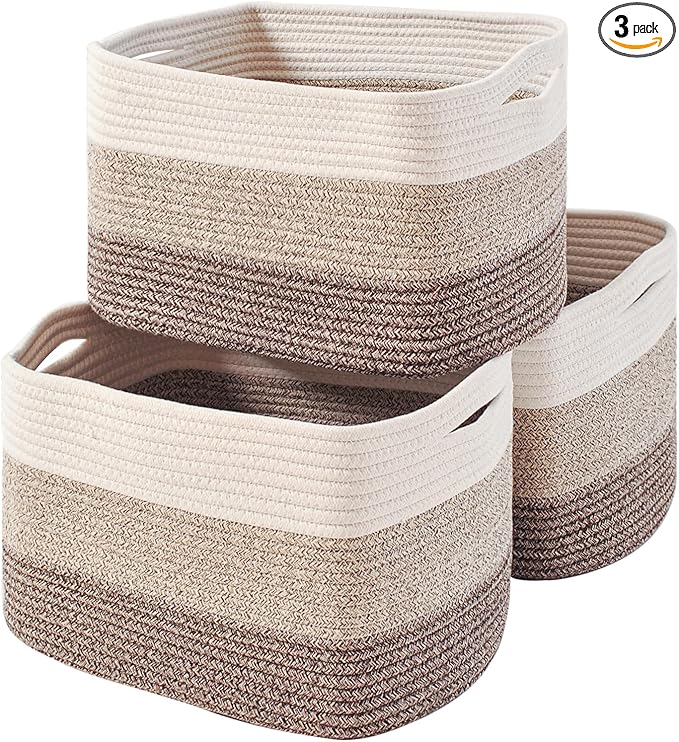 Storage Baskets for Organizing Shelves, Woven Cotton Rope Bins for Baby Nursery Organization, Book Toy Towel Organizer, 15"x11"x9.5", 3 Packs, Gradient Brown