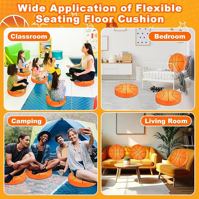 6 Pcs 15 Inch Basketball Cushions Flexible Seating Cushion for Classroom Round Floor Cushions for Kids and Toddlers Floor Sitting Pillow for School Bedroom Home Daycare Yoga Meditation