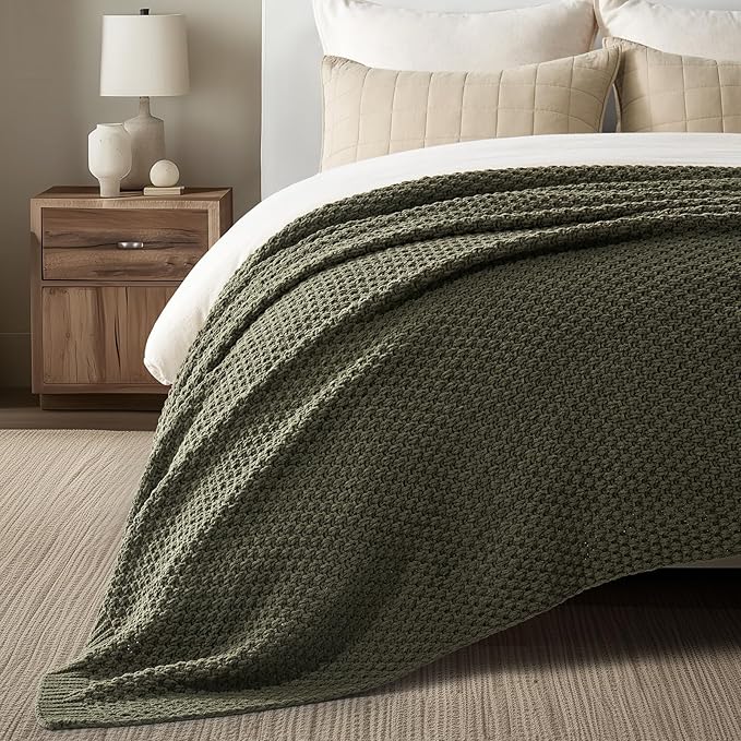 EVERGRACEHOME Chunky Chenille Knit Throw Blanket for Couch, Soft Luxurious Oversized Queen Moss Stitch Blanket for Bed, Large Cozy Farmhouse Knitted Throw for Sofa, Olive Green, 90" x 90"
