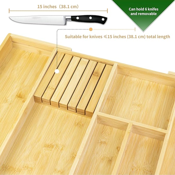 VaeFae Bamboo Kitchen Drawer Organizer, Wooden Utensil Tray with Multiple Compartments, Cutlery and Silverware Storage