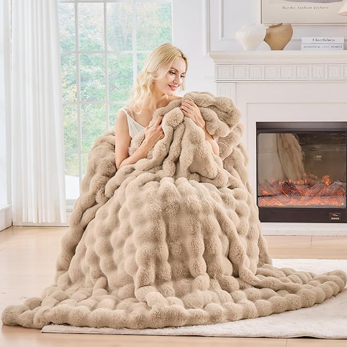 BENVWE Faux Fur Throw Blanket for Couch - Cozy Fuzzy Soft Plush Fluffy Thick Luxury Minky Bubble Blanket for Living Room Home Decor- Mothers Day Birthday Gifts for Women, Beige, 51" x 63"