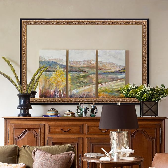 52"x36" Wall Mirrors Decorative, Black Bathroom Vanity Mirror with Gold Foil Carvings Wooden Frame for Living Room, Entryway and Bedroom