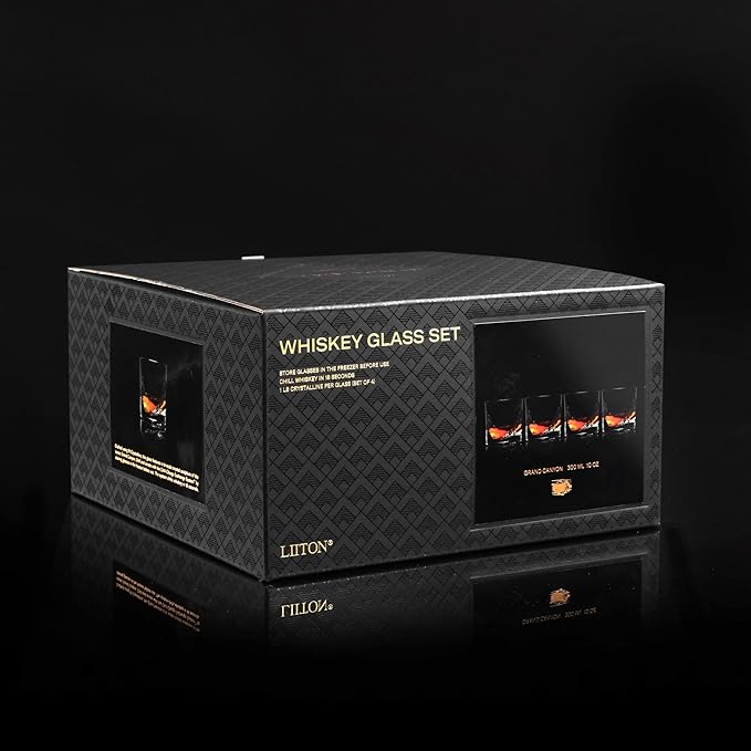 Grand Canyon Heavy Crystal Whiskey Glasses Gift Set of 4, Thick Freezable Bourbon Glass 1lb Each, Premium Whiskey Gifts for Men, Frozen Crystal Chills Cocktails, 10 oz