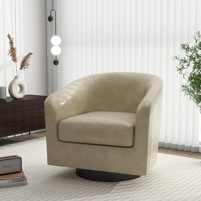 Swivel Barrel Accent Chair, Modern Round Faux Leather Arm Chair for Living Room, Bedroom, Comfy Club Reading Chairs for Adults(Faux Leather, Cream, Set of 2)