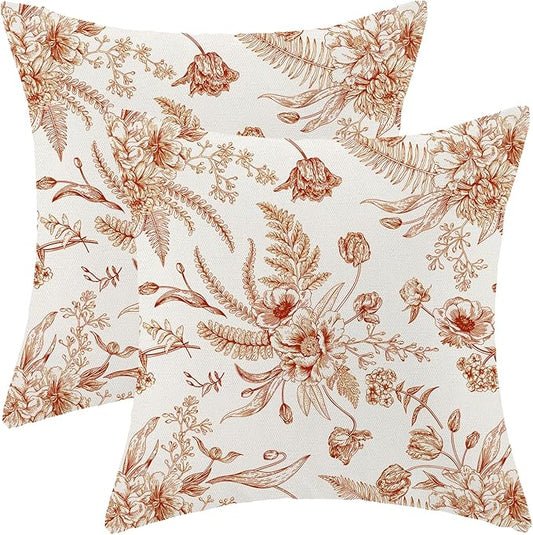 CXMEIFLY Burnt Orange Spring Pillow Covers 18 x 18 Inch Set of 2 for Chinoiserie Flowers Decor Throw Pillows Floral Leaves Seasonal Plant Outdoor Decorative Cushion Cases for Couch Bed Decorations