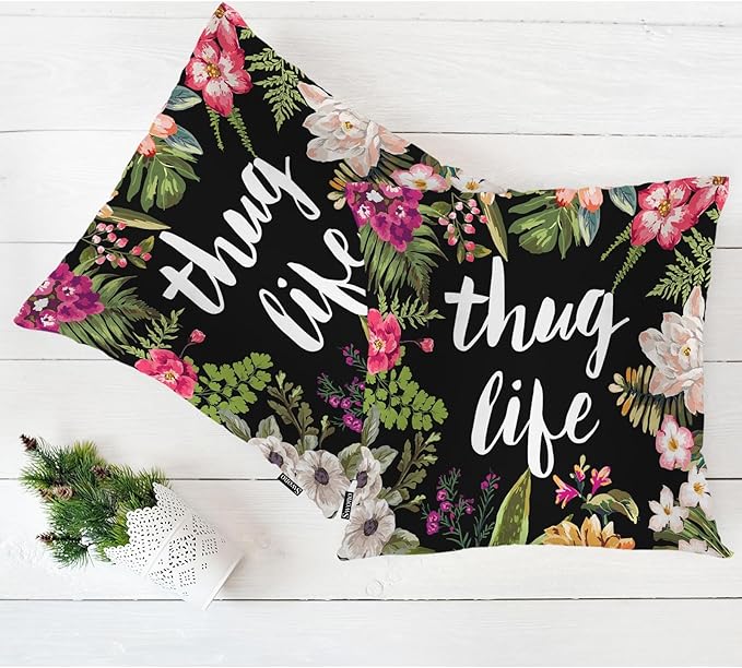Swono Set of 2 Thug Life Pillow Covers 18 X 18 Inch, Tropical Flowers Rose Square Decorative Throw Pillow Covers for Sofa Couch Bed, Outdoor Indoor Pillowcase Cushion Cover