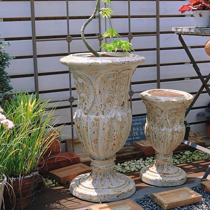 VISIBLE Vintage European Giant Garden Urn Planter, Decorative Cement and Fiber Flower Pot, Make Rust Finished, Wrap Foam Safely Delivered from Los Angeles (Vintage, Medium)